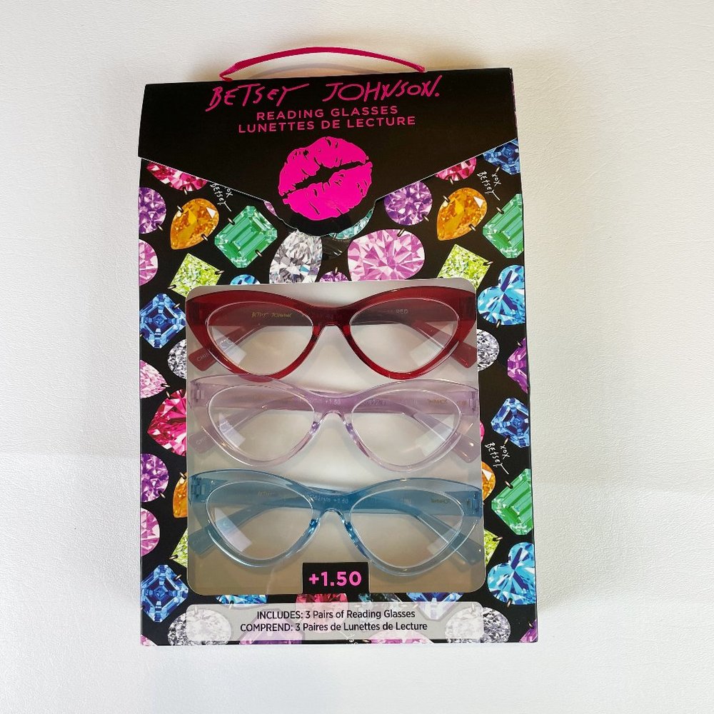 Betsey Johnson +1.50 Reading Glasses Blue Purple Red Cat Eye